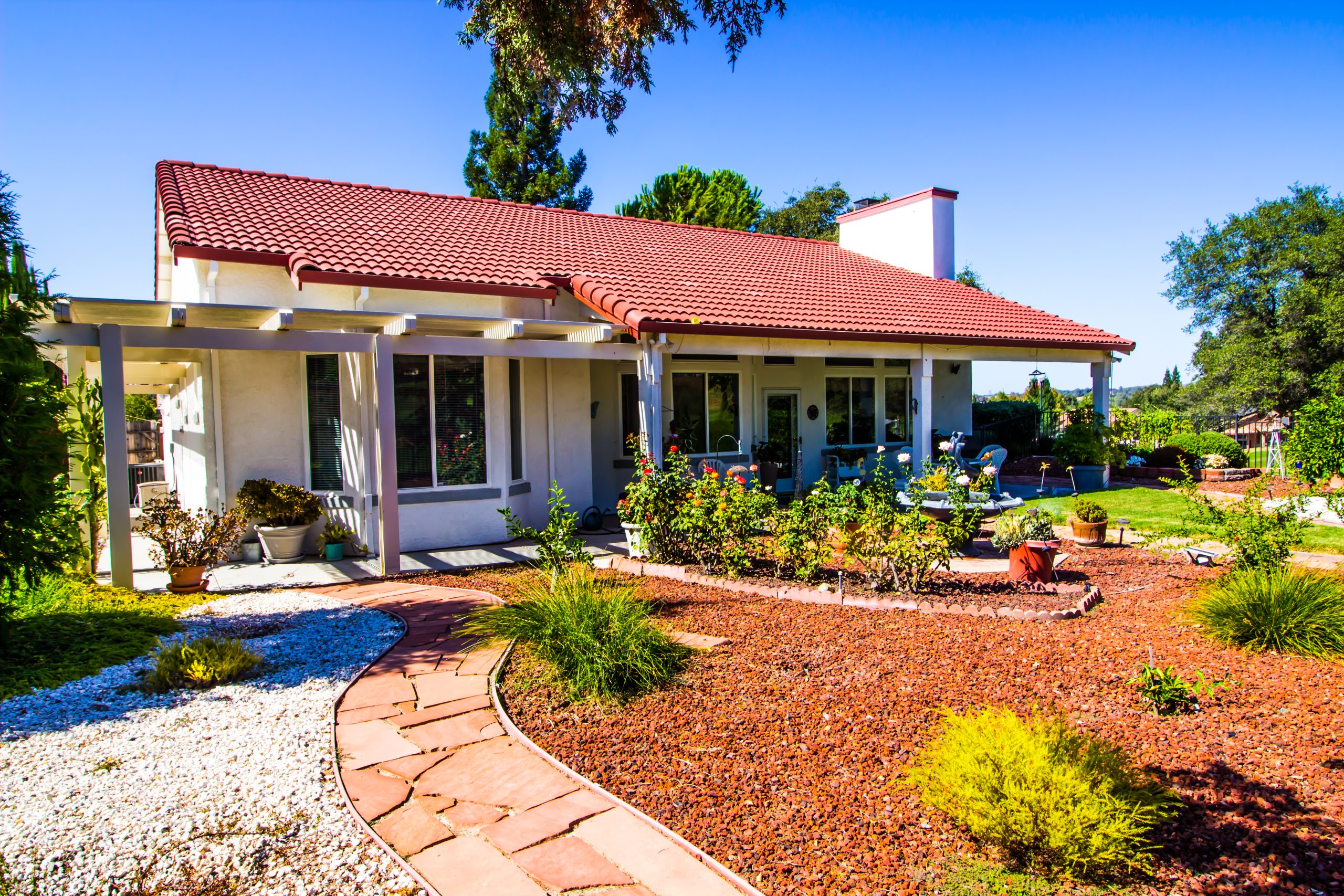 Drought,Tolerant,Landscaping,In,Rear,Yard,Of,Modern,Home